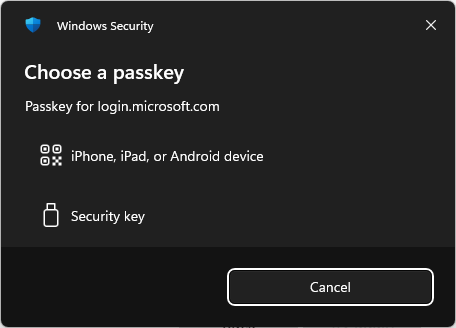 Signing into Azure - Choose Passkey