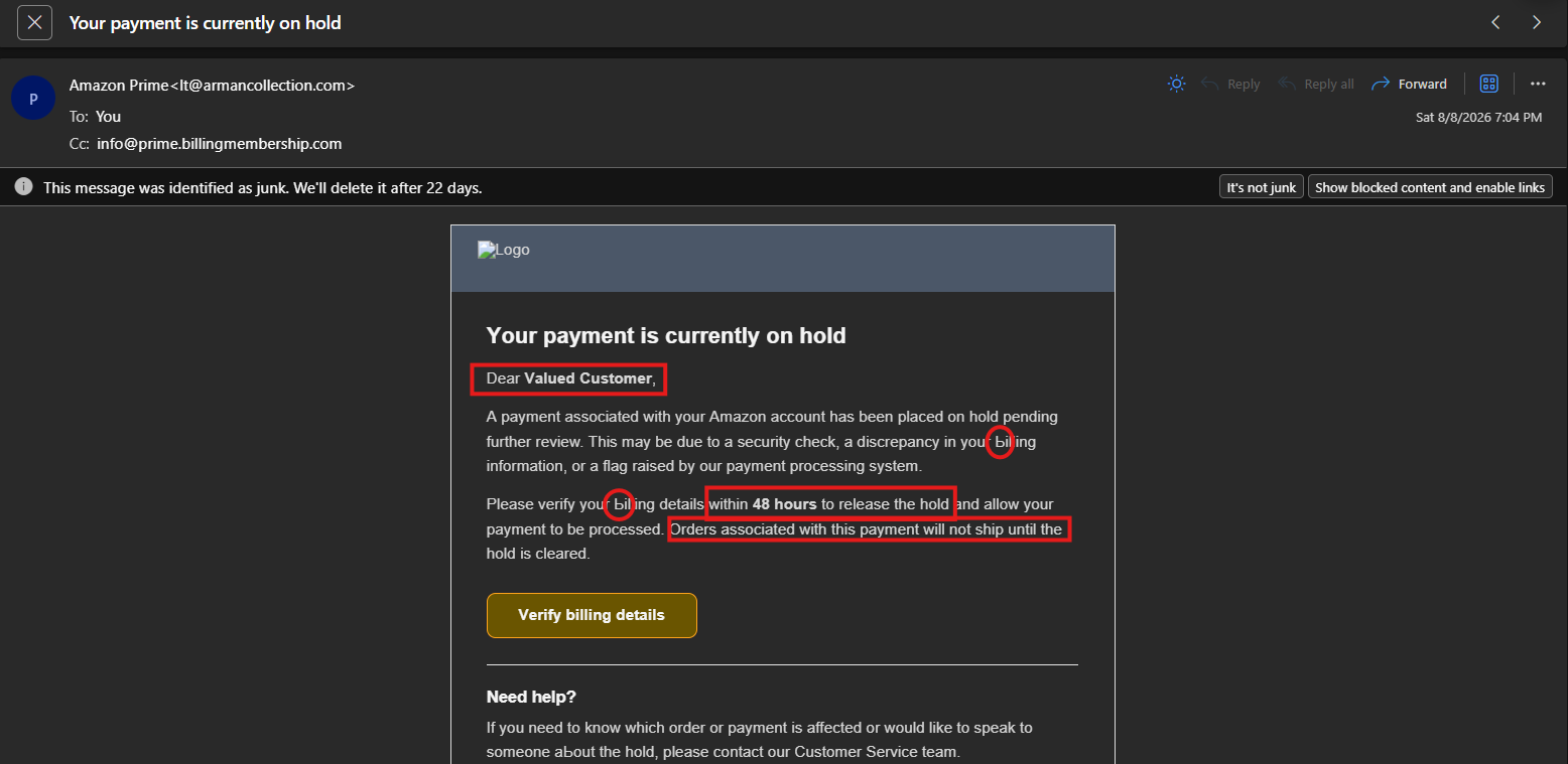 Fake Amazon email asking to verify my billing info - telltale signs