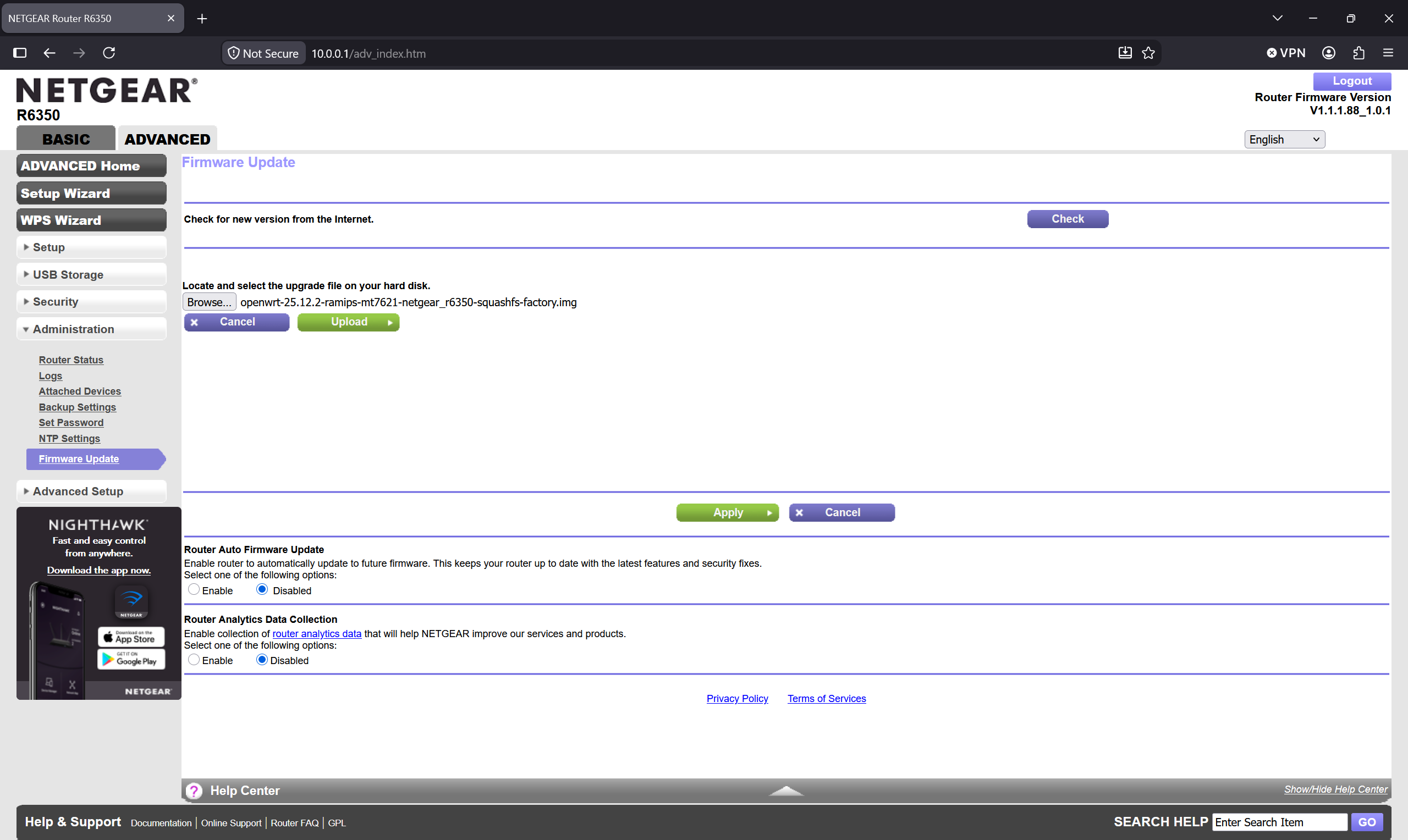 NETGEAR firmware update file upload