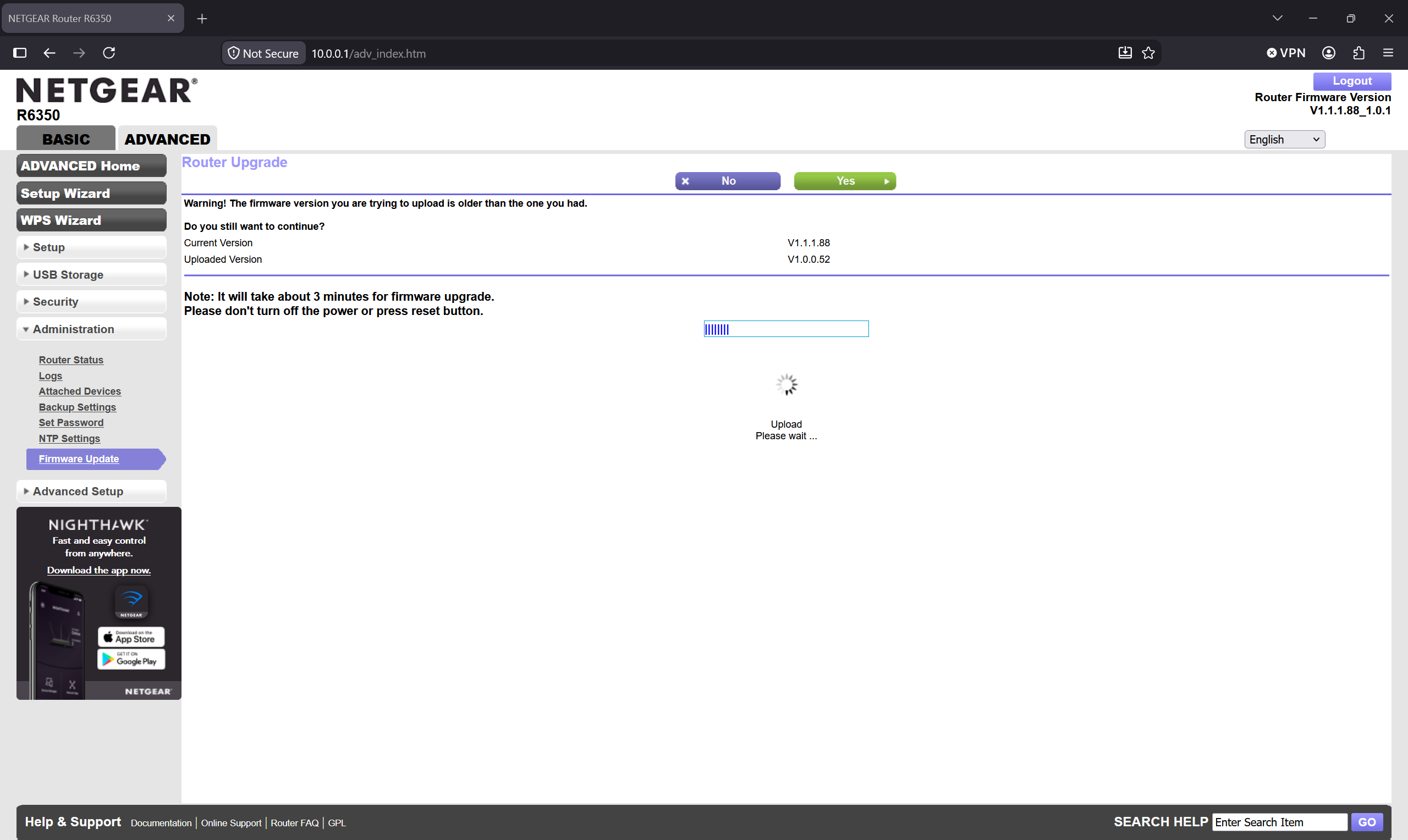 OpenWrt firmware upload and flashing progress